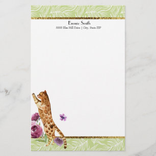Green White Leaves Orange Cat Purple Flowers Stationery