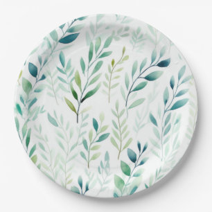 Green White Leaves Paper Plate