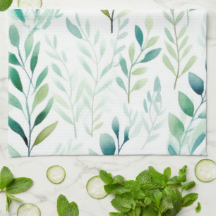 Green White Leaves Tea Towel