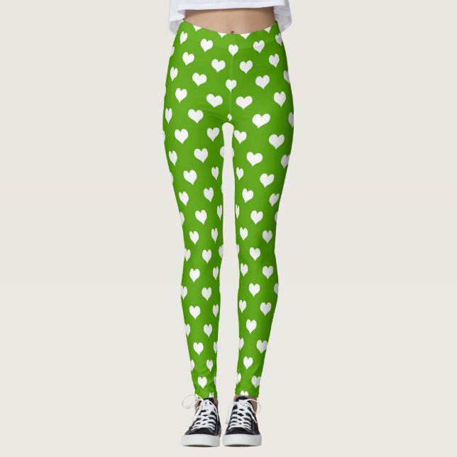 Green White Love Heart Pattern Design  Leggings (Front)