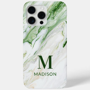 Green White Marble Monogram Personalised Name iPhone 15 Pro Max Case