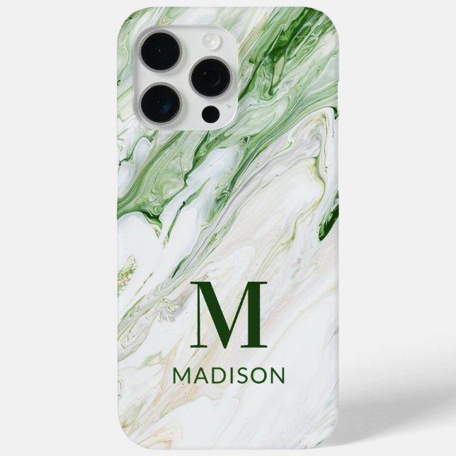 Green White Marble Monogram Personalised Name Case-Mate iPhone Case (Back)