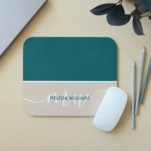 Green & White Minimalist Script Monogram Name Mouse Pad
