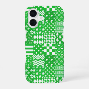 Green White Mixed Patterns Patchwork Design iPhone 16 Case