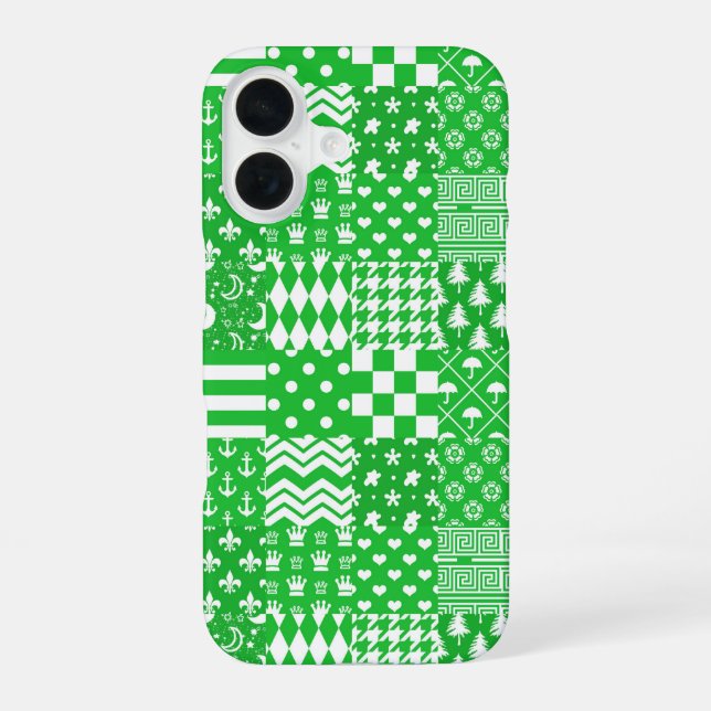 Green White Mixed Patterns Patchwork Design  iPhone 16 Case (Back)