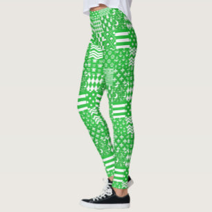 Green White Mixed Patterns Patchwork Design  Leggings