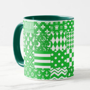 Green White Mixed Patterns Patchwork Design Mug