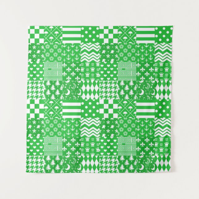 Green White Mixed Patterns Patchwork Design  Tapestry (Front)