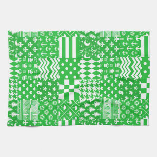 Green White Mixed Patterns Patchwork Design Tea Towel