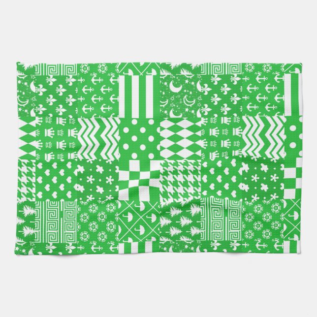 Green White Mixed Patterns Patchwork Design  Tea Towel (Horizontal)