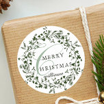 Green & White Modern Wildflower Wreath Christmas Classic Round Sticker<br><div class="desc">This elegant Christmas sticker features wildflower silhouette wreath with stylish calligraphy.</div>