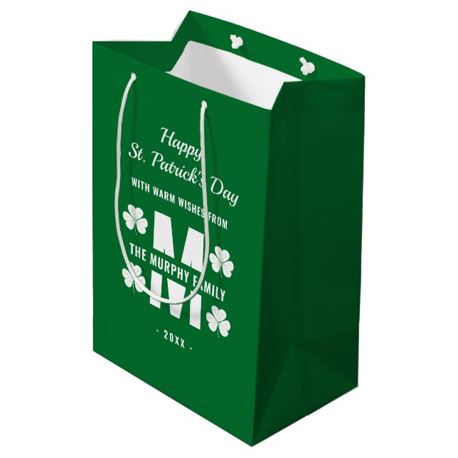 Green White Monogram Family Name St. Patrick's Day Medium Gift Bag (Back Angled)