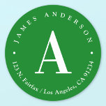 Green & White | Monogram Return Address Classic Round Sticker<br><div class="desc">Customisable monogram with your name and return address or any other text.</div>