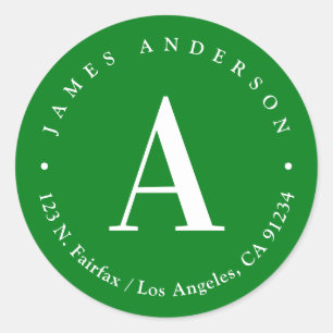 Green & White   Monogram Return Address Classic Round Sticker