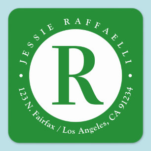 Green & White   Monogram Return Address Square Sticker
