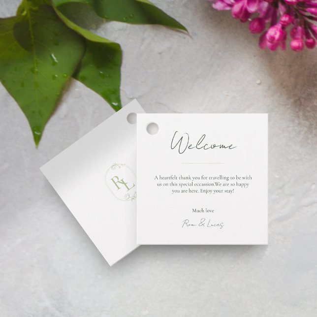 Green & White Monogram Welcome Wedding Favour Tag (Creator Uploaded)