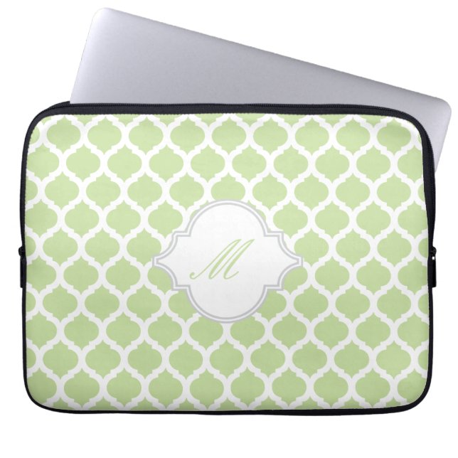 Green & White Moroccan with Monogram Laptop Sleeve (Front)