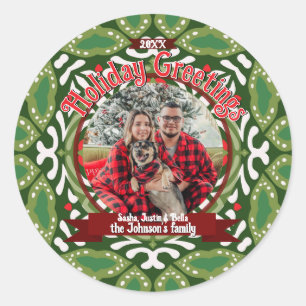 Green White Natal Holiday Energy Custom Photo Classic Round Sticker