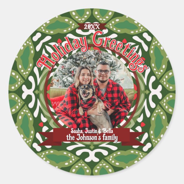 Green White Natal Holiday Energy Custom Photo Classic Round Sticker (Front)