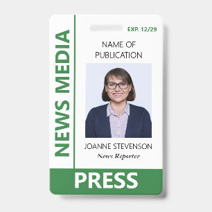 Green White News Media Press Photo ID Badge