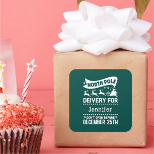 GREEN & White North Pole SANTA Delivery Name  Square Sticker