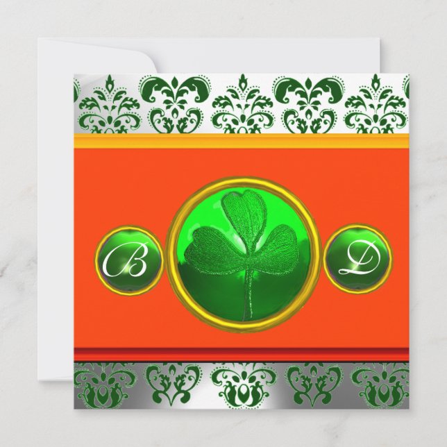 GREEN WHITE ORANGE  DAMASK ,SHAMROCK MONOGRAM INVITATION (Front)