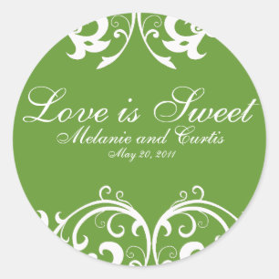 Green White Ornate Love Is Sweet Classic Round Sticker