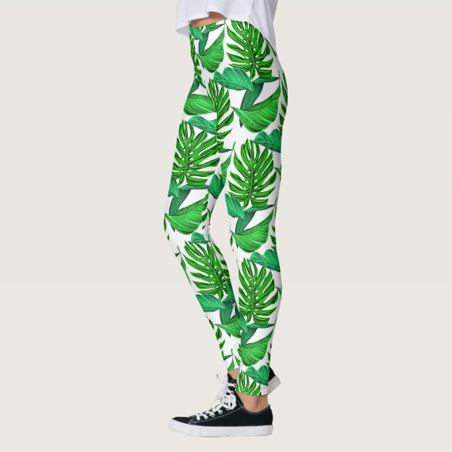 Green & white palm leafs pattern, tropical jungle leggings (Left)
