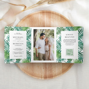 Green White Palm Leaves Tropical QR Code Wedding Tri-Fold Invitation