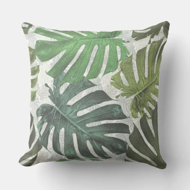 Green & White Palm Tropical Leaves Pattern Cushion (Front)