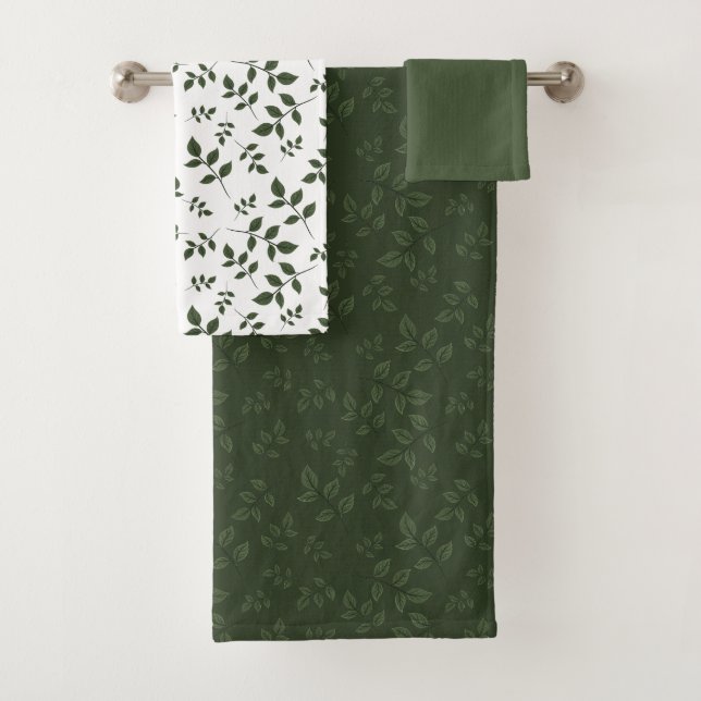 Green white pattern leaves  bath towel set (Insitu)