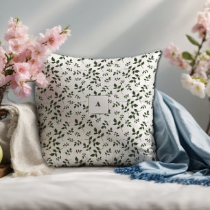 Green white pattern leaves monogram cushion