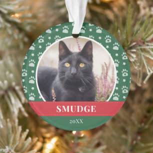 Green White Paw Print Pattern Pet Photo Ornament