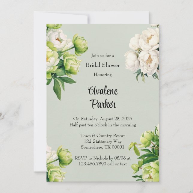 Green White Peony Elegant Bridal Shower Invitation (Front)