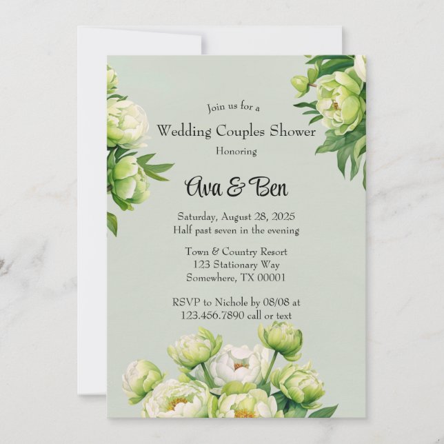 Green White Peony Elegant Wedding Couples Shower Invitation (Front)