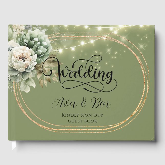 Green White Peony Lights Wedding Guest Book (Front)
