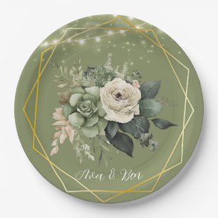 Green White Peony Lights Wedding Paper Plate