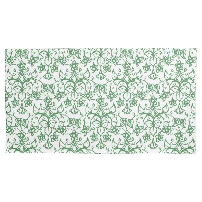 Green White Periwinkles Floral Lace-like Pattern Pillowcase (Front-Left)