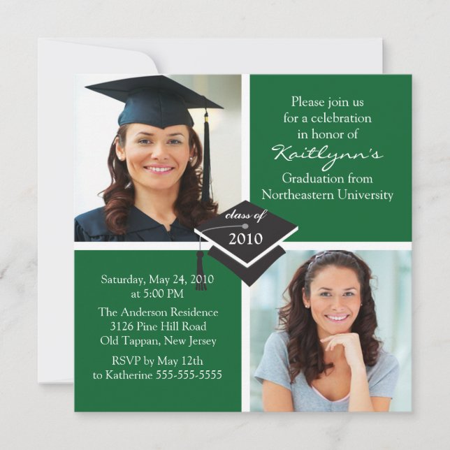 Green & White Photo Graduation Invitation (Front)