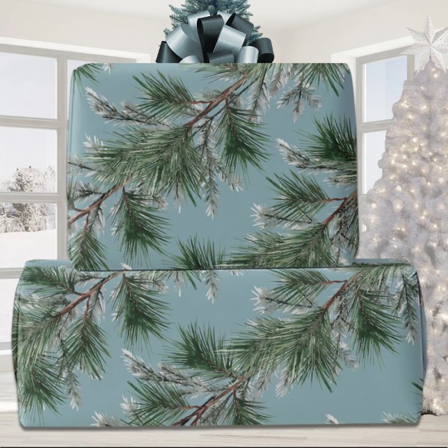 Green White Pine Silver Spruce Garlands Blue Wrapping Paper (Creator Uploaded)