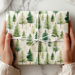 Green White Pine Tree Holiday Wrapping Paper