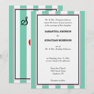 Green White Pink Beachy Stripes Wedding Monogram Invitation