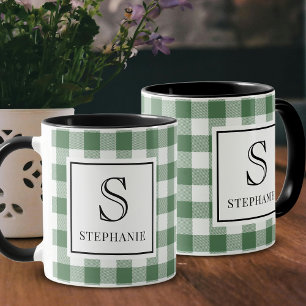 Green & White Plaid Black Typography Monogram Name Mug