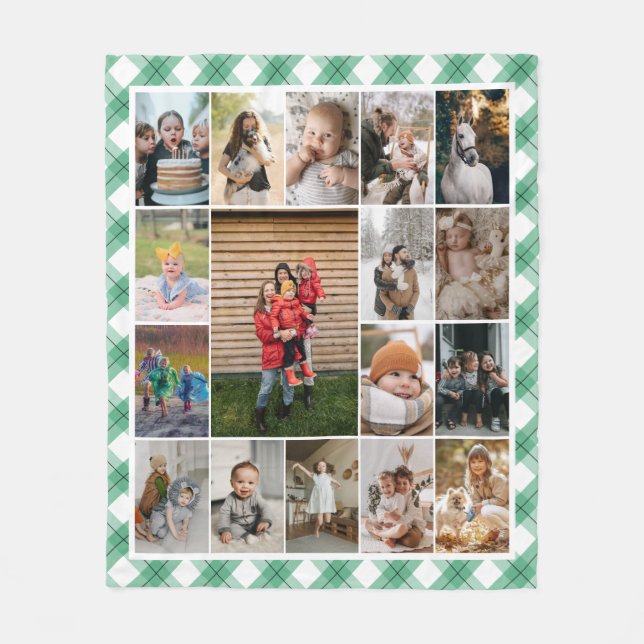 Green White Plaid Border 17 Family Photo Collage Fleece Blanket (Front)