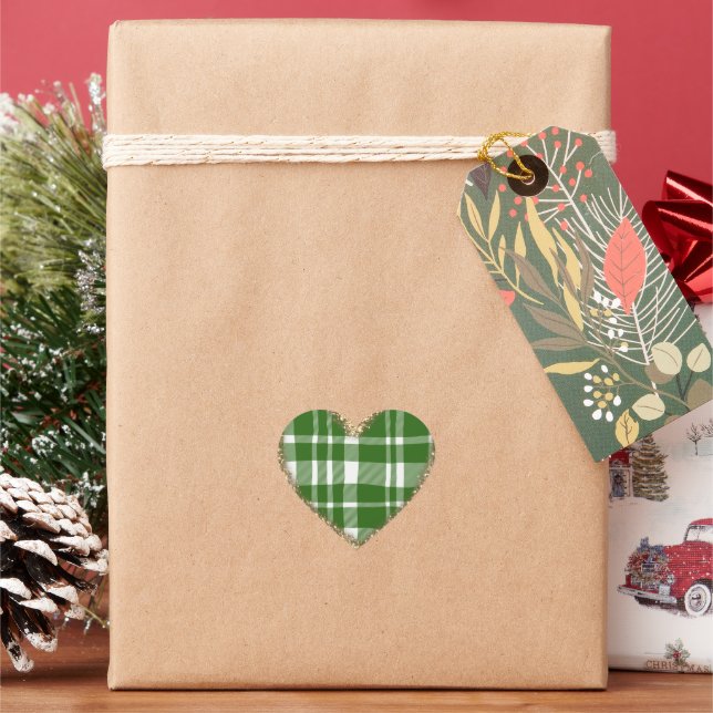 Green White Plaid Gold Glitter Heart Sticker (Holiday)