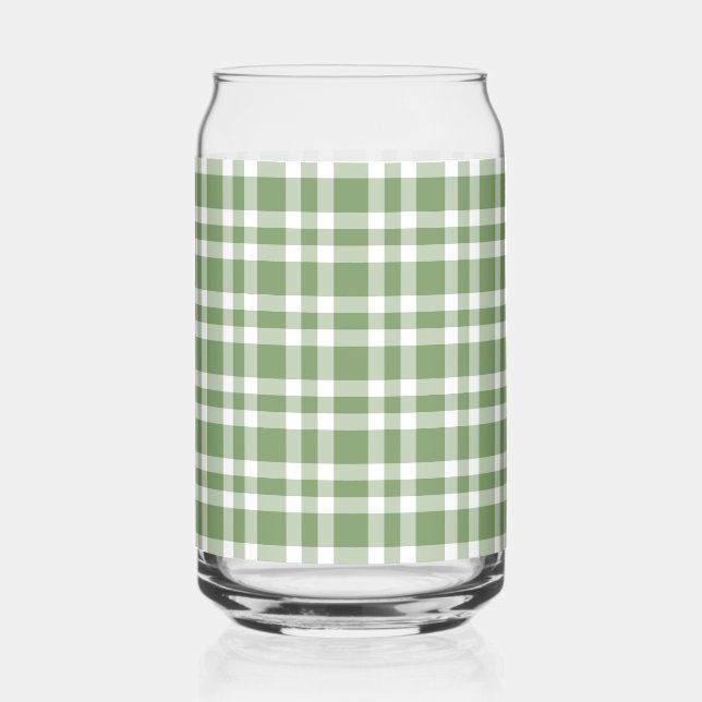 Green White Plaid Pattern Can Glass (Front)