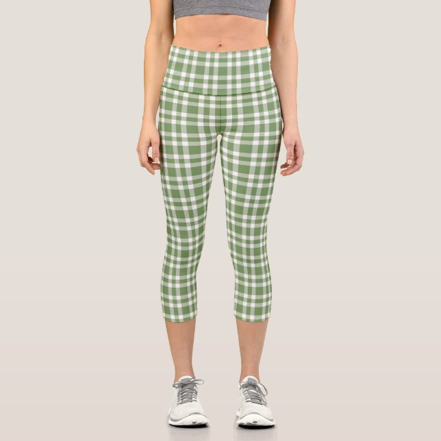Green White Plaid Pattern Capri Leggings (Front)