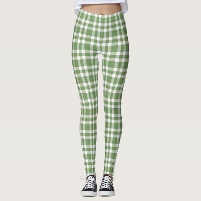 Green White Plaid Pattern Leggings (Front)