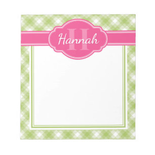 Green White Plaid Pattern Pink Monogram Notepad
