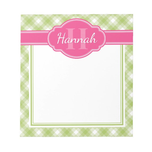 Green White Plaid Pattern Pink Monogram Notepad (Front)